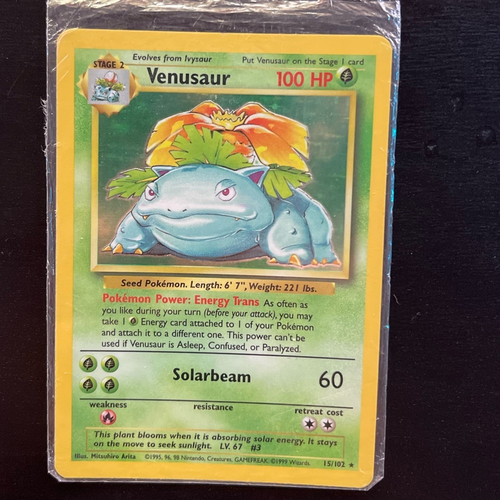 Venusaur 1999 Shadowless Holo 15/102 Pokemon Base Set. Card has lived in sleeve.